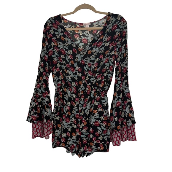 Xhilaration Button-Front Long Sleeve BohoRomper, Black Berry - Picture 5 of 11